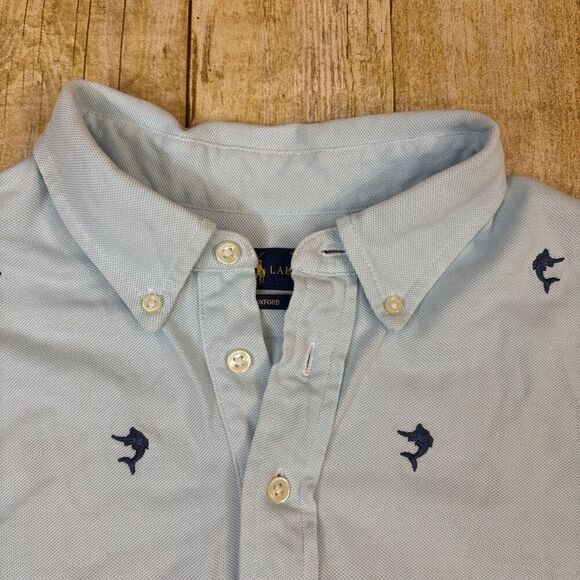 Polo Ralph Lauren Polo Shirt Blue All Over Swordfish Knit Oxford Mens Large - Picture 3 of 6